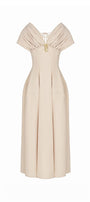 Madeline A-line Pleated Shoulder Khaki Maxi Dress - MEAN BLVD
