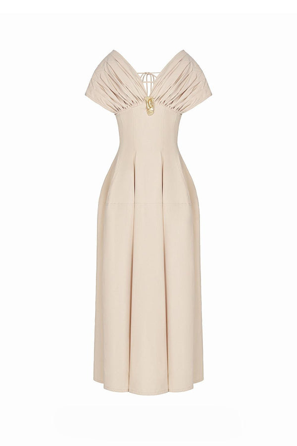 Madeline A-line Pleated Shoulder Khaki Maxi Dress - MEAN BLVD