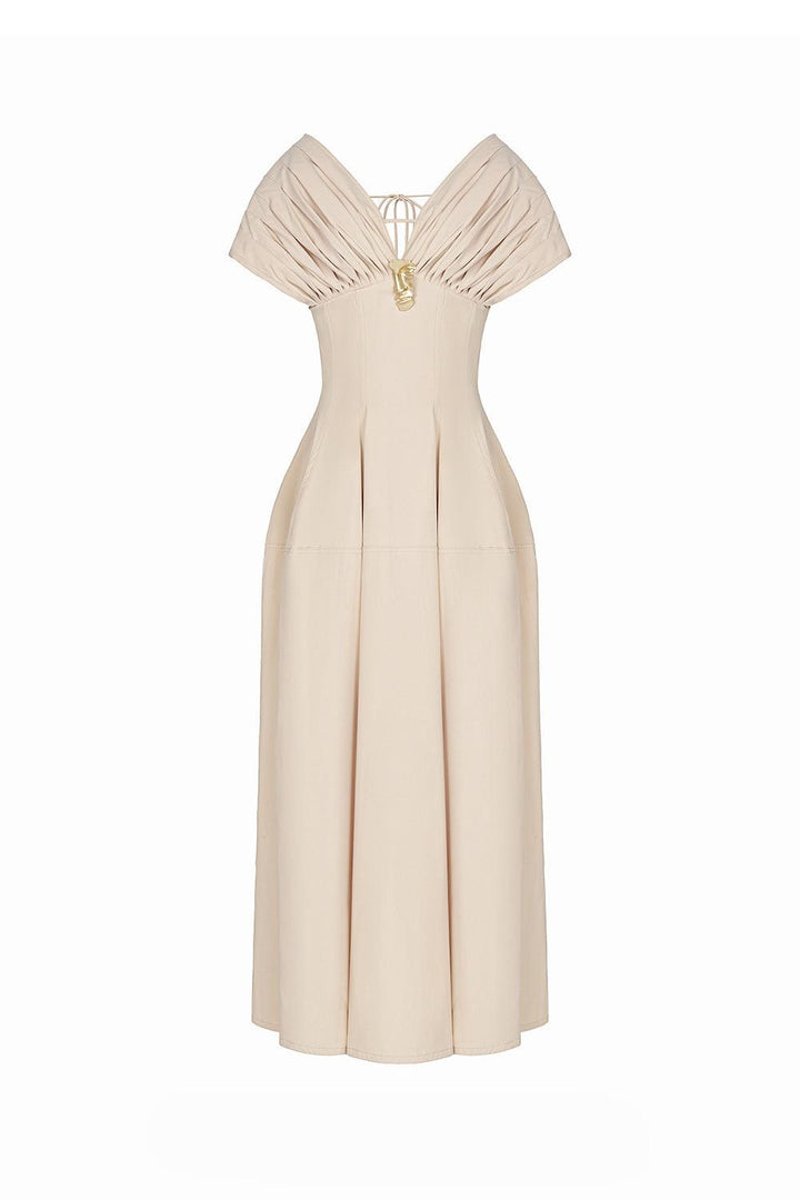 Madeline A-line Pleated Shoulder Khaki Maxi Dress - MEAN BLVD