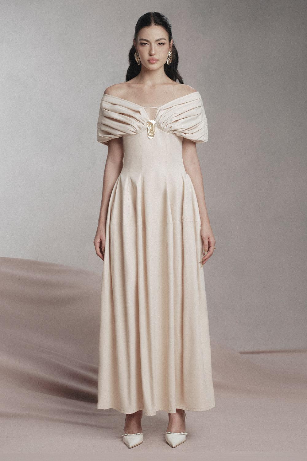 Women's Madeline A-line Pleated Shoulder Khaki Maxi Dress S/M/L/XL/Customize Beige Pearl MEAN BLVD Beige Pearl / XL Women's Madeline A-line Pleated Shoulder Khaki Maxi Dress S/M/L/XL/Customize Beige Pearl MEAN BLVD Beige Pearl / XL