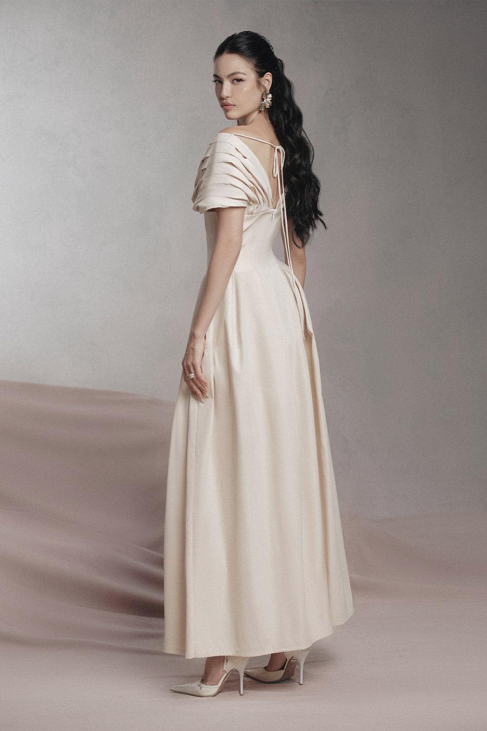 Women's Madeline A-line Pleated Shoulder Khaki Maxi Dress S/M/L/XL/Customize Beige Pearl MEAN BLVD Beige Pearl / XL Women's Madeline A-line Pleated Shoulder Khaki Maxi Dress S/M/L/XL/Customize Beige Pearl MEAN BLVD Beige Pearl / XL