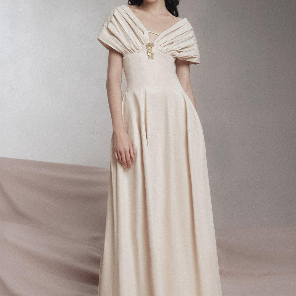 Madeline A-line Pleated Shoulder Khaki Maxi Dress - MEAN BLVD