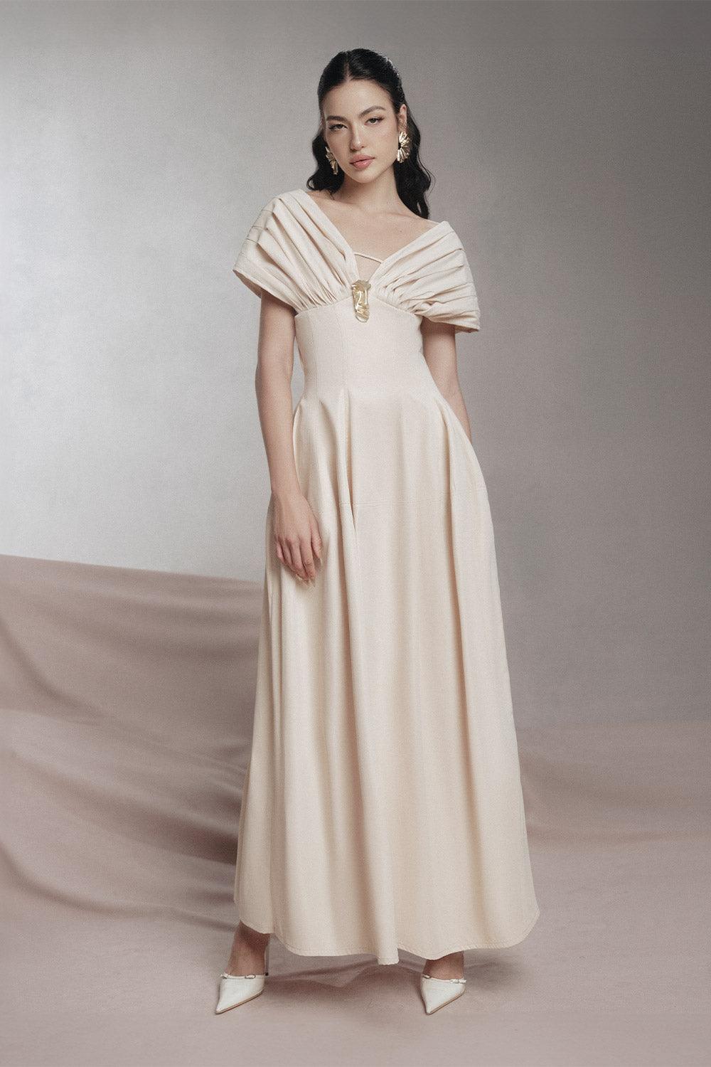 Women's Madeline A-line Pleated Shoulder Khaki Maxi Dress S/M/L/XL/Customize Beige Pearl MEAN BLVD Beige Pearl / XL Women's Madeline A-line Pleated Shoulder Khaki Maxi Dress S/M/L/XL/Customize Beige Pearl MEAN BLVD Beige Pearl / XL