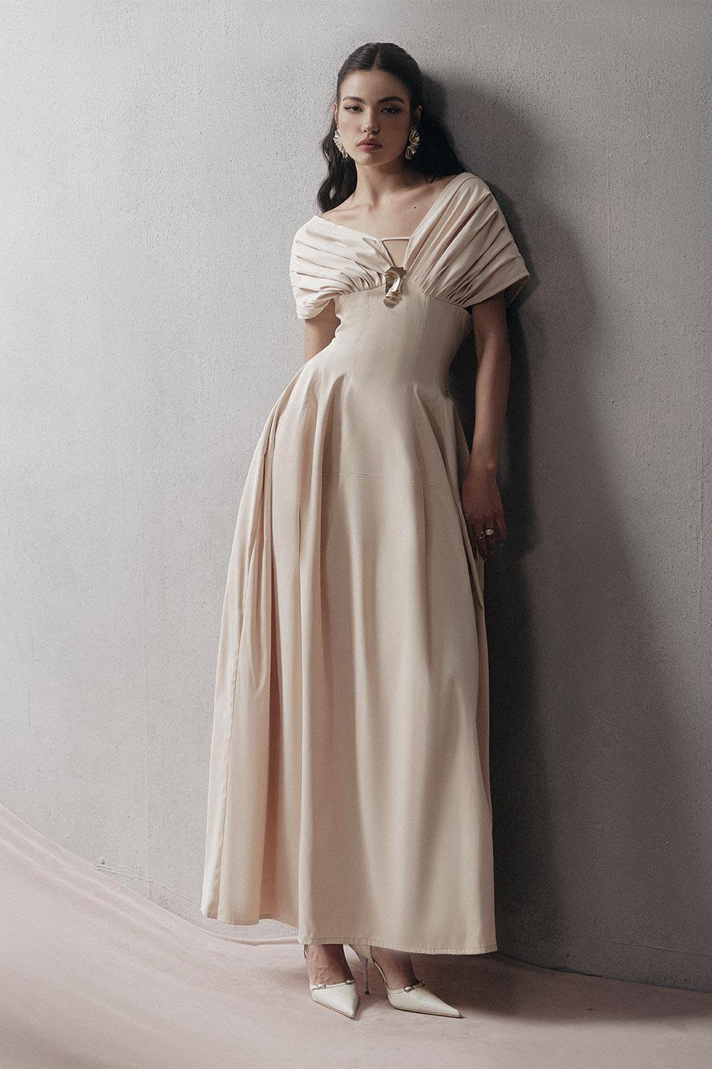 Women's Madeline A-line Pleated Shoulder Khaki Maxi Dress S/M/L/XL/Customize Beige Pearl MEAN BLVD Beige Pearl / XL Women's Madeline A-line Pleated Shoulder Khaki Maxi Dress S/M/L/XL/Customize Beige Pearl MEAN BLVD Beige Pearl / XL