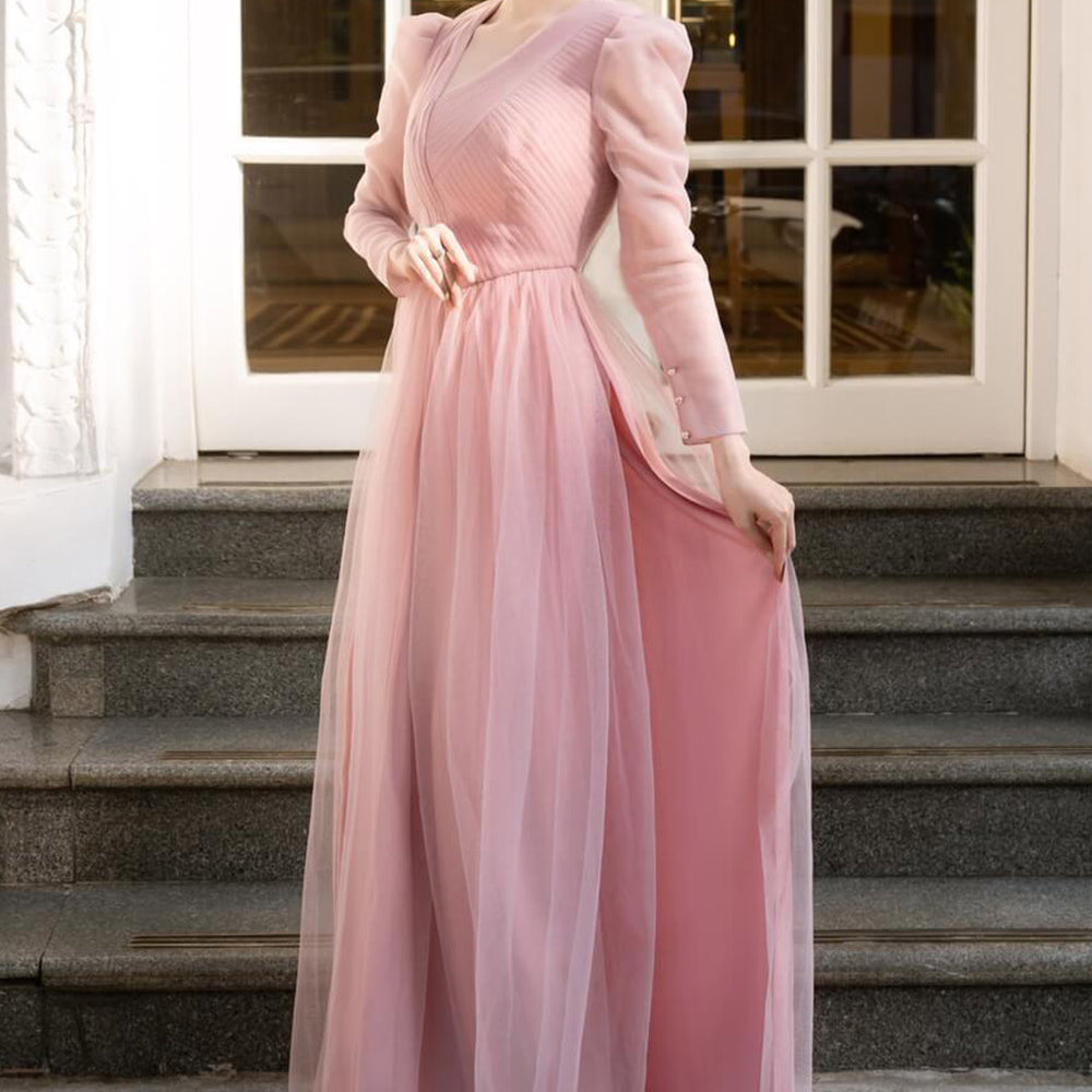 Maeve Fitted Flower Applique Mesh Sheer Long Length Ao Dai Set