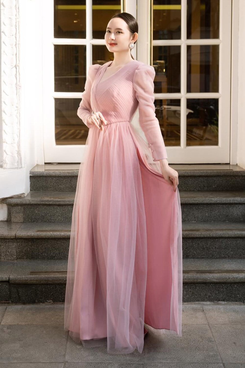 Maeve Fitted Flower Applique Mesh Sheer Long Length Ao Dai Set