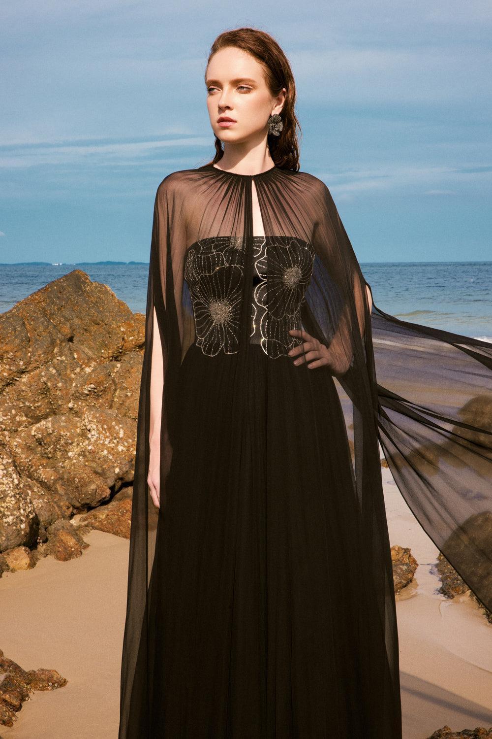 Maison Straight Pleated Neck Chiffon Floor Length Cape - MEAN BLVD