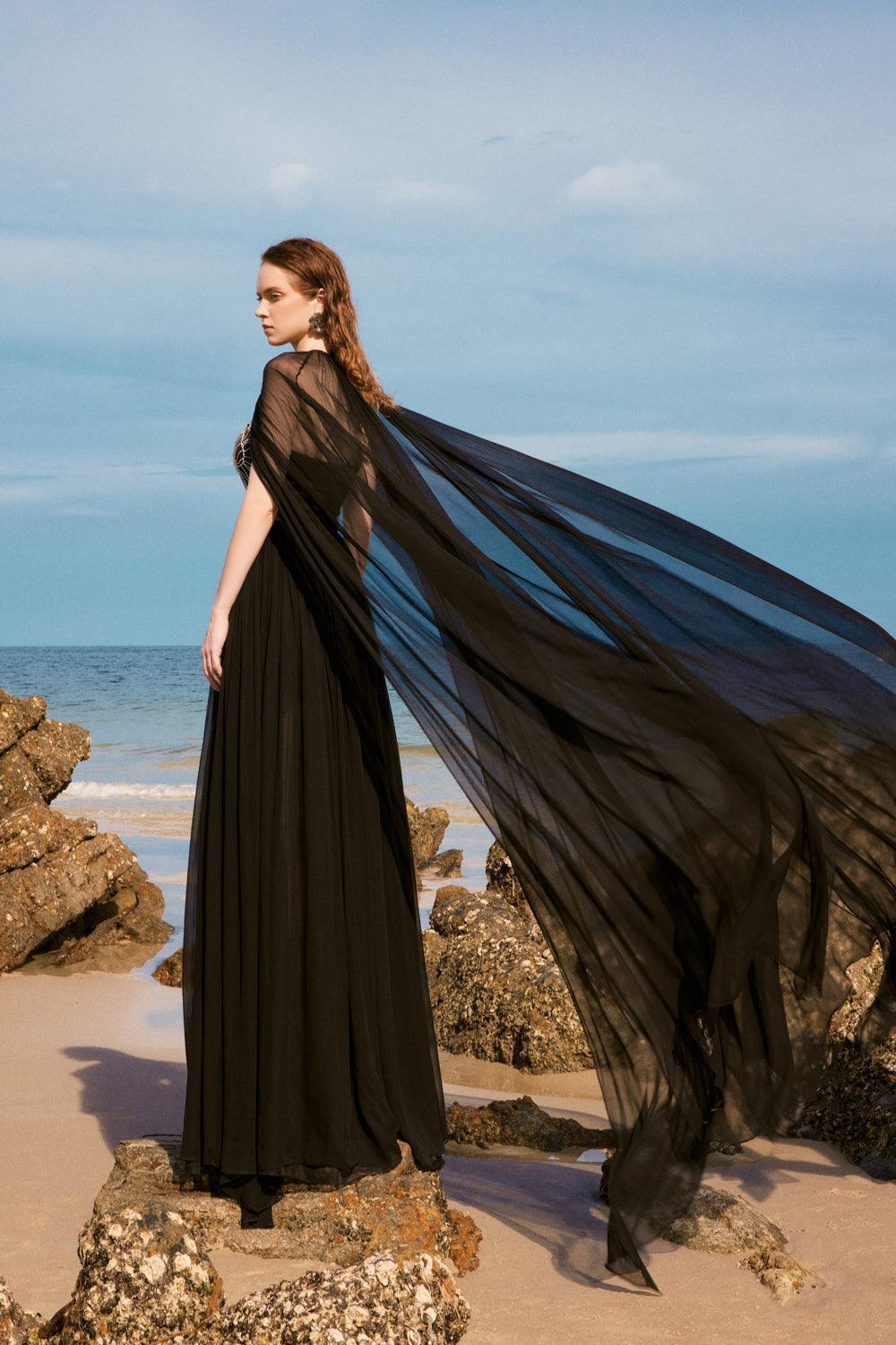 Maison Straight Pleated Neck Chiffon Floor Length Cape - MEAN BLVD