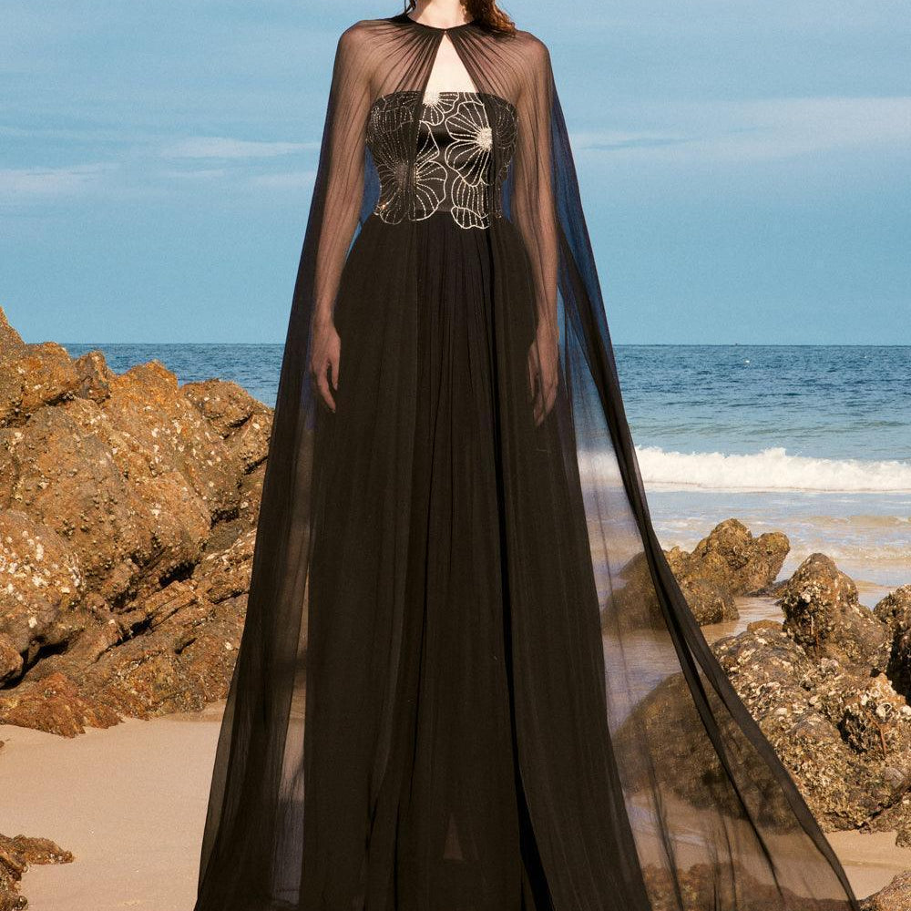 Maison Straight Pleated Neck Chiffon Floor Length Cape - MEAN BLVD