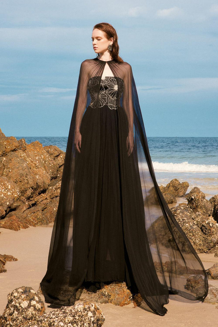 Maison Straight Pleated Neck Chiffon Floor Length Cape - MEAN BLVD