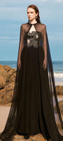 Maison Straight Pleated Neck Chiffon Floor Length Cape - MEAN BLVD