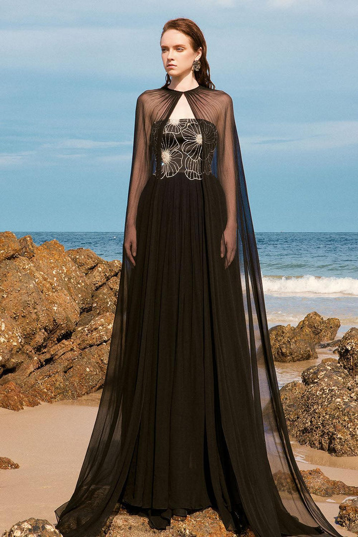 Maison Straight Pleated Neck Chiffon Floor Length Cape - MEAN BLVD