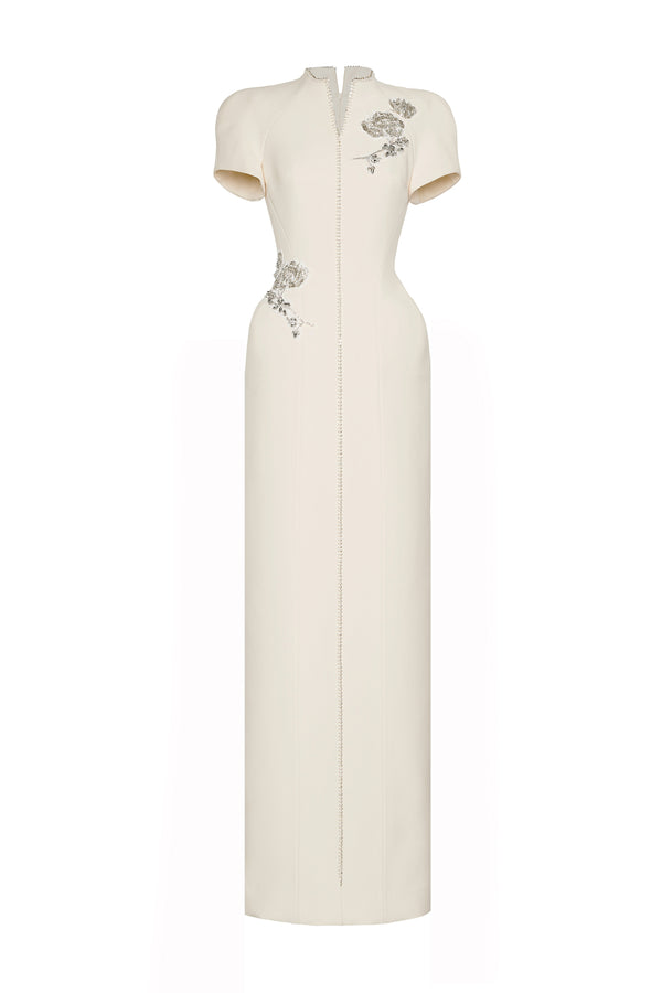 Eirlys Sheath Puffy Sleeved Crepe Floor Length Dress