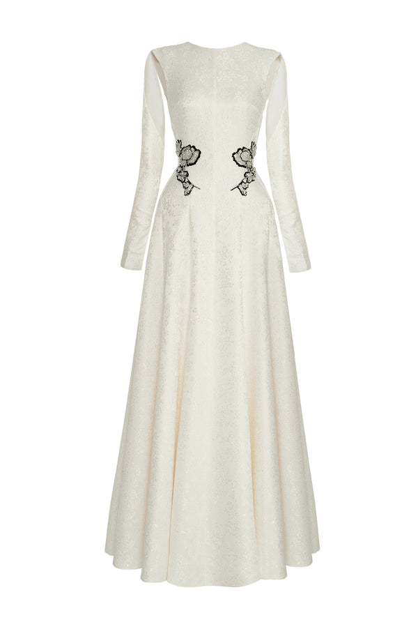 Velithia A-line Boat Neck Lace Floor Length Dress