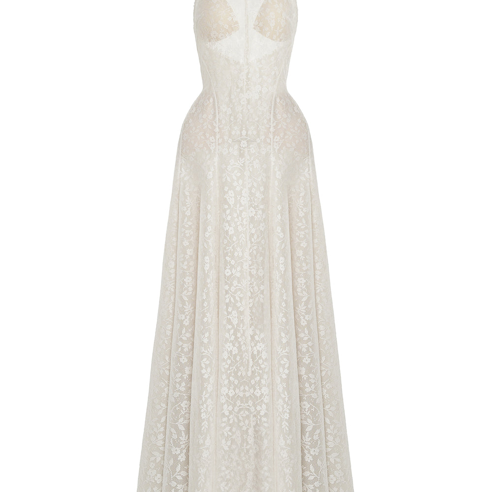 Aurelia A-line Halter Neck Lace Floor Length Dress