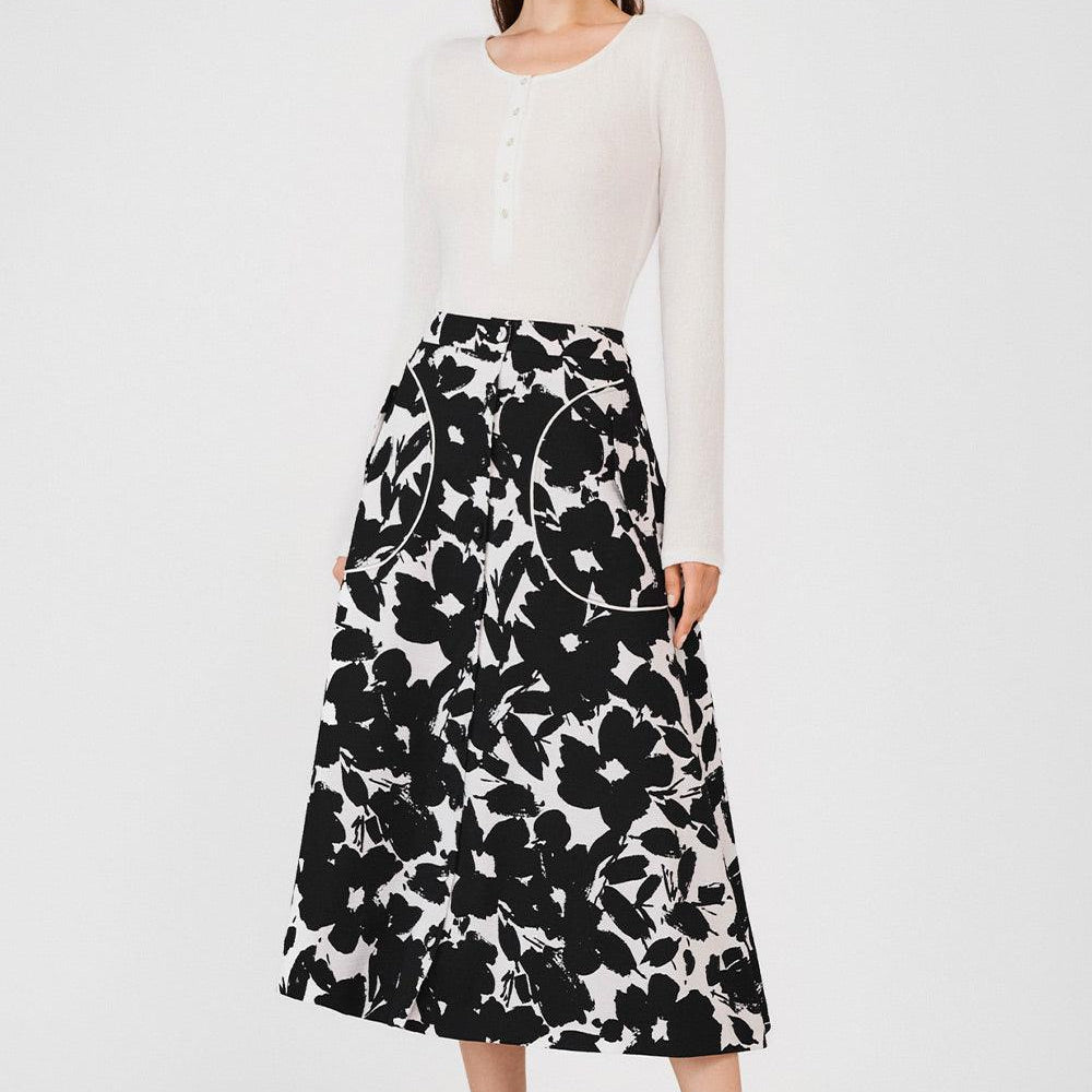 Makayla A-line Single Breasted Poly Silk Midi Skirt - MEAN BLVD