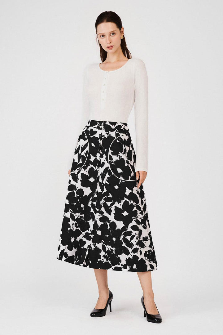 Makayla A-line Single Breasted Poly Silk Midi Skirt - MEAN BLVD