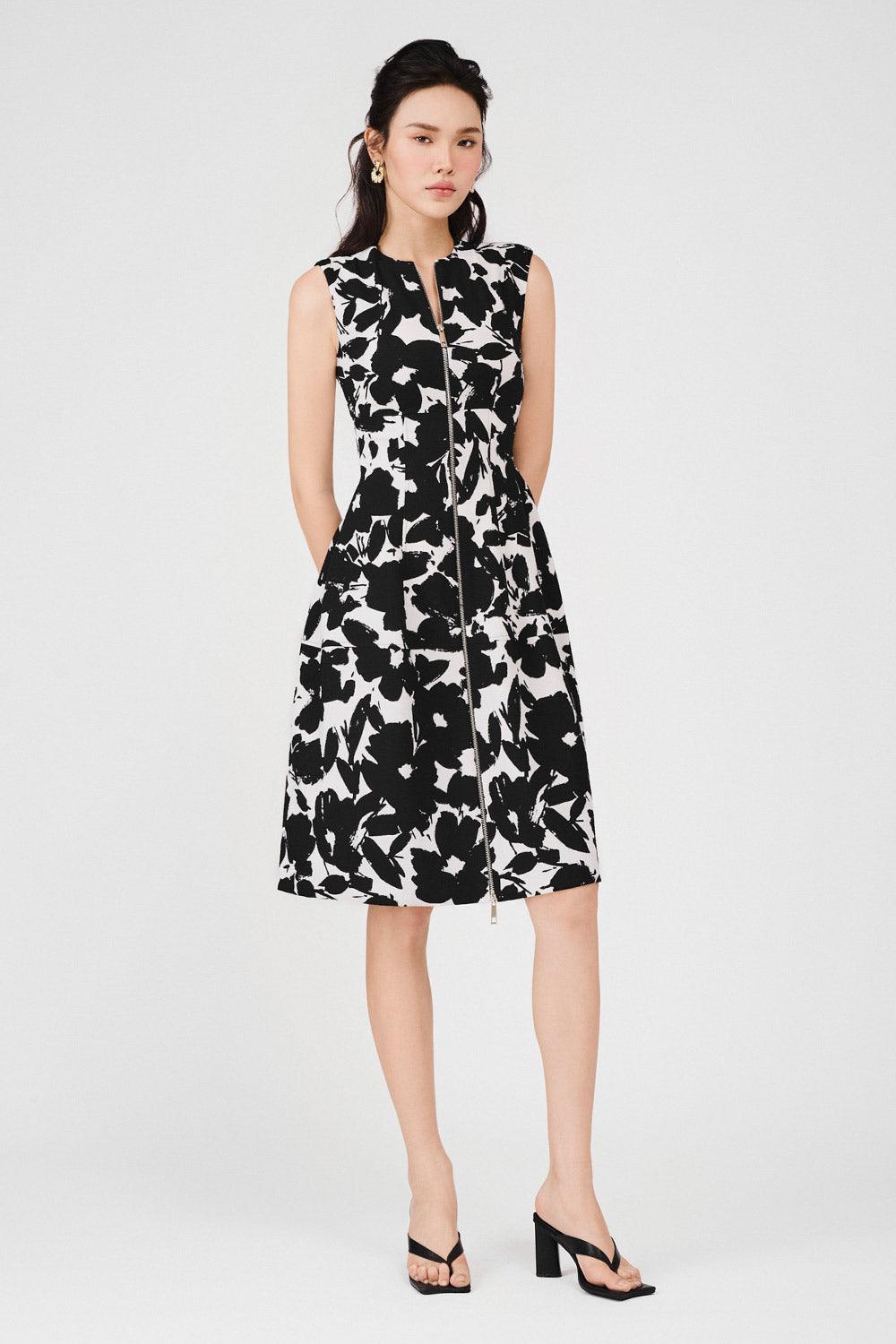 Women's Makenna Drop Waist Front Zipper Poly Silk Midi Dress XS/S/M/L/Customize Black Floral Mean Blvd L / Black / Floral