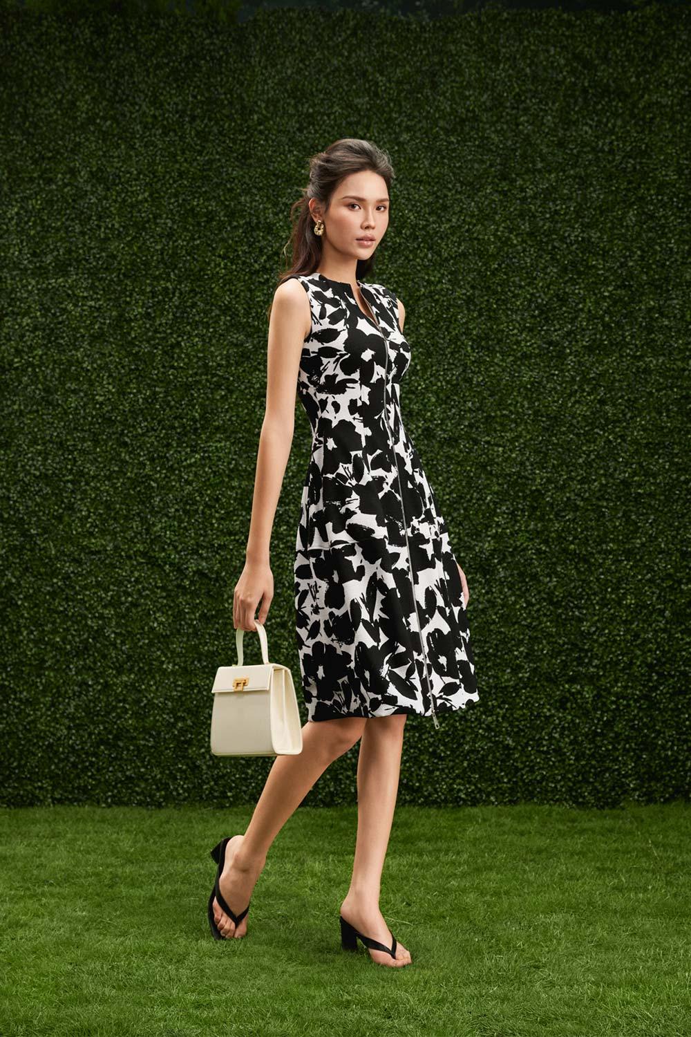 front zipper midi dress Women's Makenna Drop Waist Front Zipper Poly Silk Midi Dress XS/S/M/L/Customize Black Floral MEAN BLVD L / Black / Floral