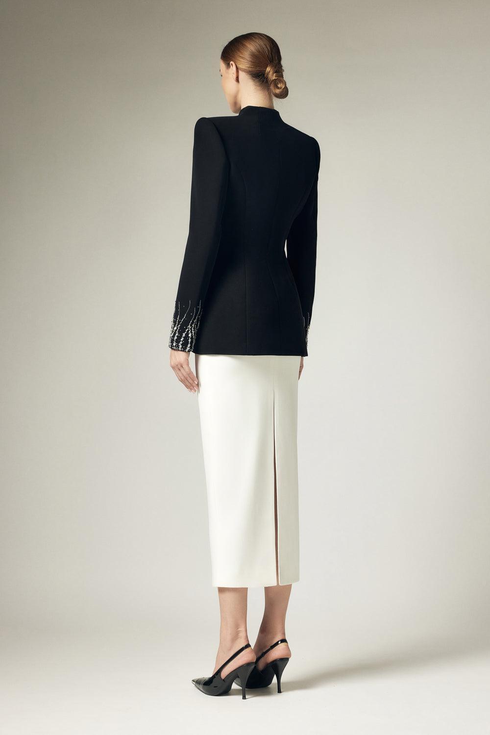 Marcela Pencil Back Slit Crepe Calf Length Skirt - MEAN BLVD