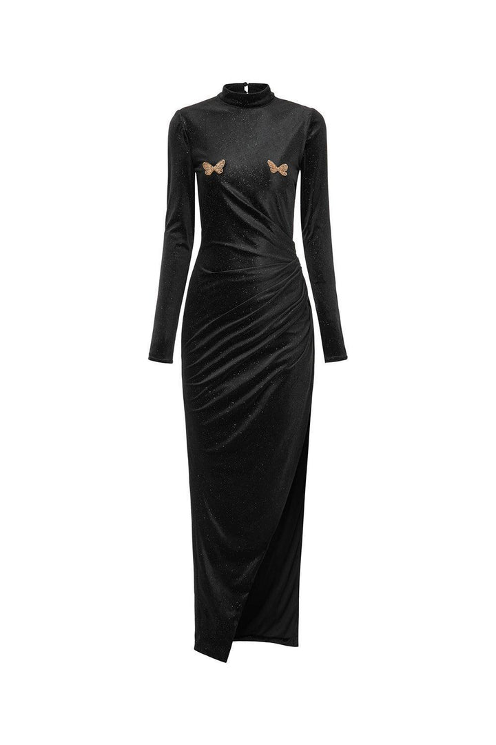 Maren Asymmetric Slit Hem Velvet Midi Dress - MEAN BLVD