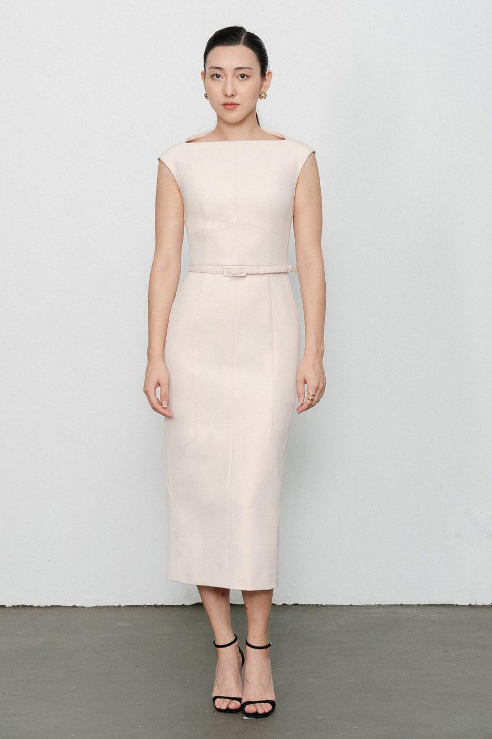 Margaret Sheath Boat Neck Polycotton Midi Dress - MEAN BLVD