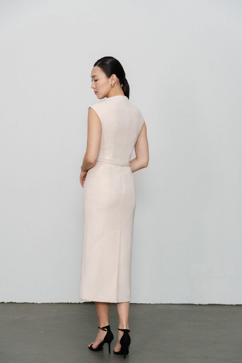 Margaret Sheath Boat Neck Polycotton Midi Dress - MEAN BLVD