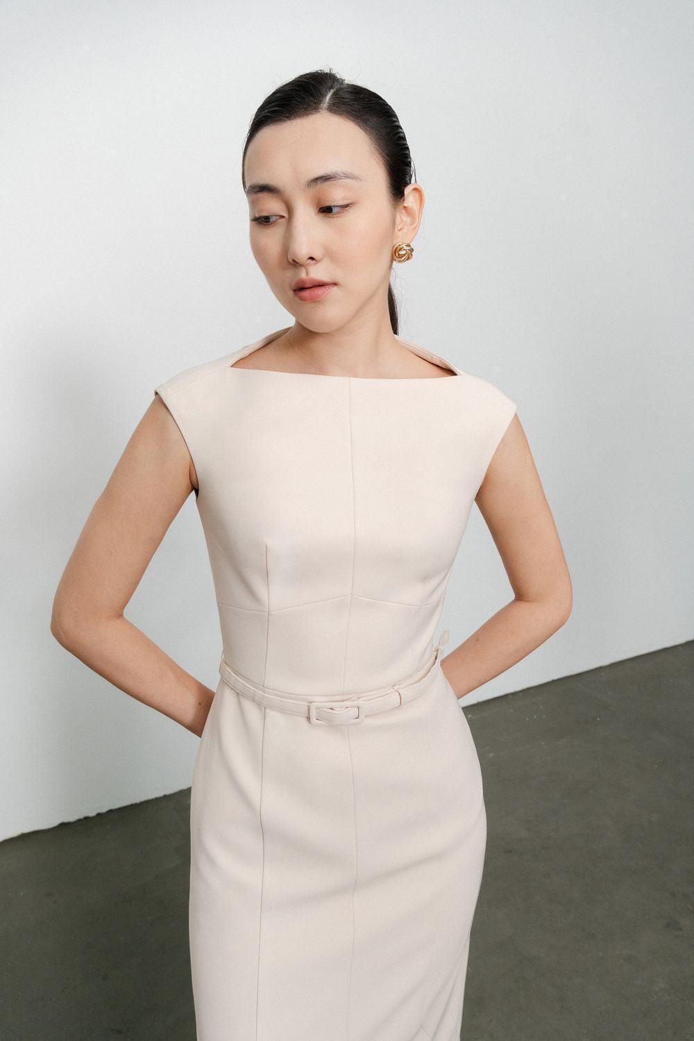 Margaret Sheath Boat Neck Polycotton Midi Dress - MEAN BLVD