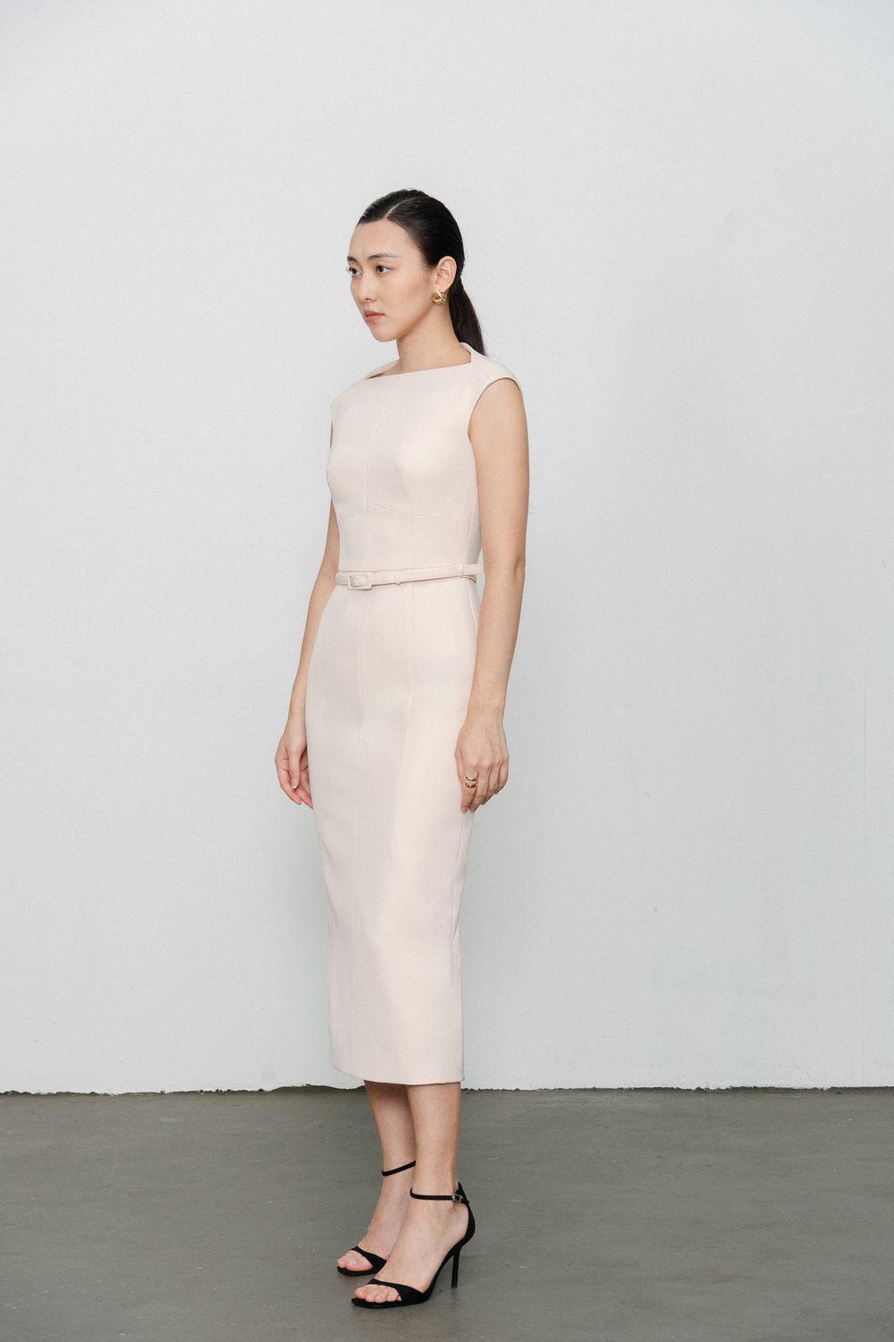Margaret Sheath Boat Neck Polycotton Midi Dress - MEAN BLVD