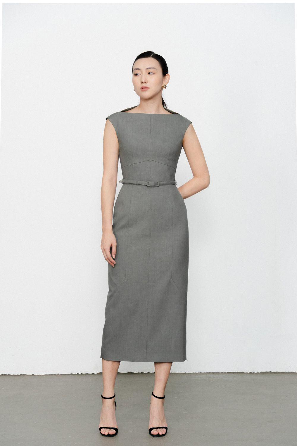 Margaret Sheath Boat Neck Polycotton Midi Dress - MEAN BLVD