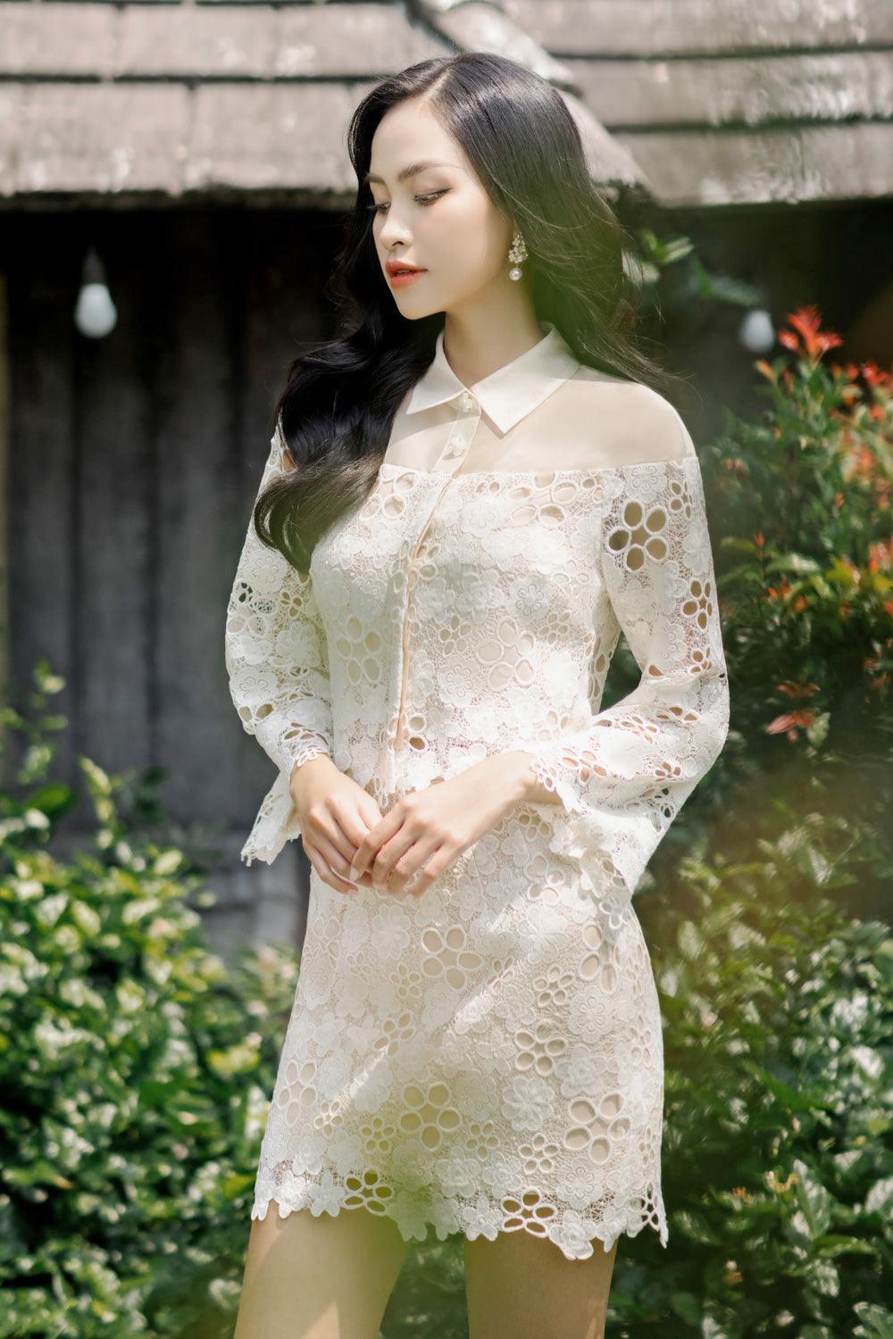 Collared Neck Long Sleeve Midi Shirt Dress