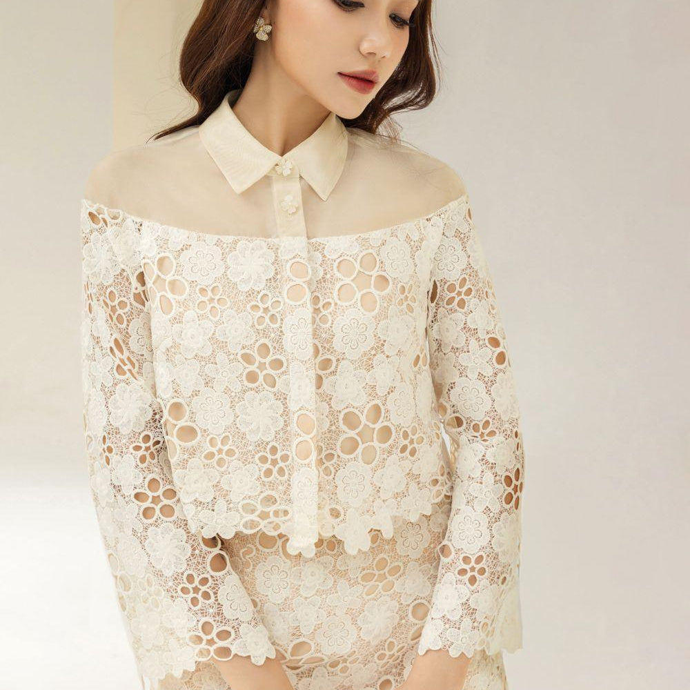 Maria Cropped Collared Neck Lace Shirt - MEAN BLVD