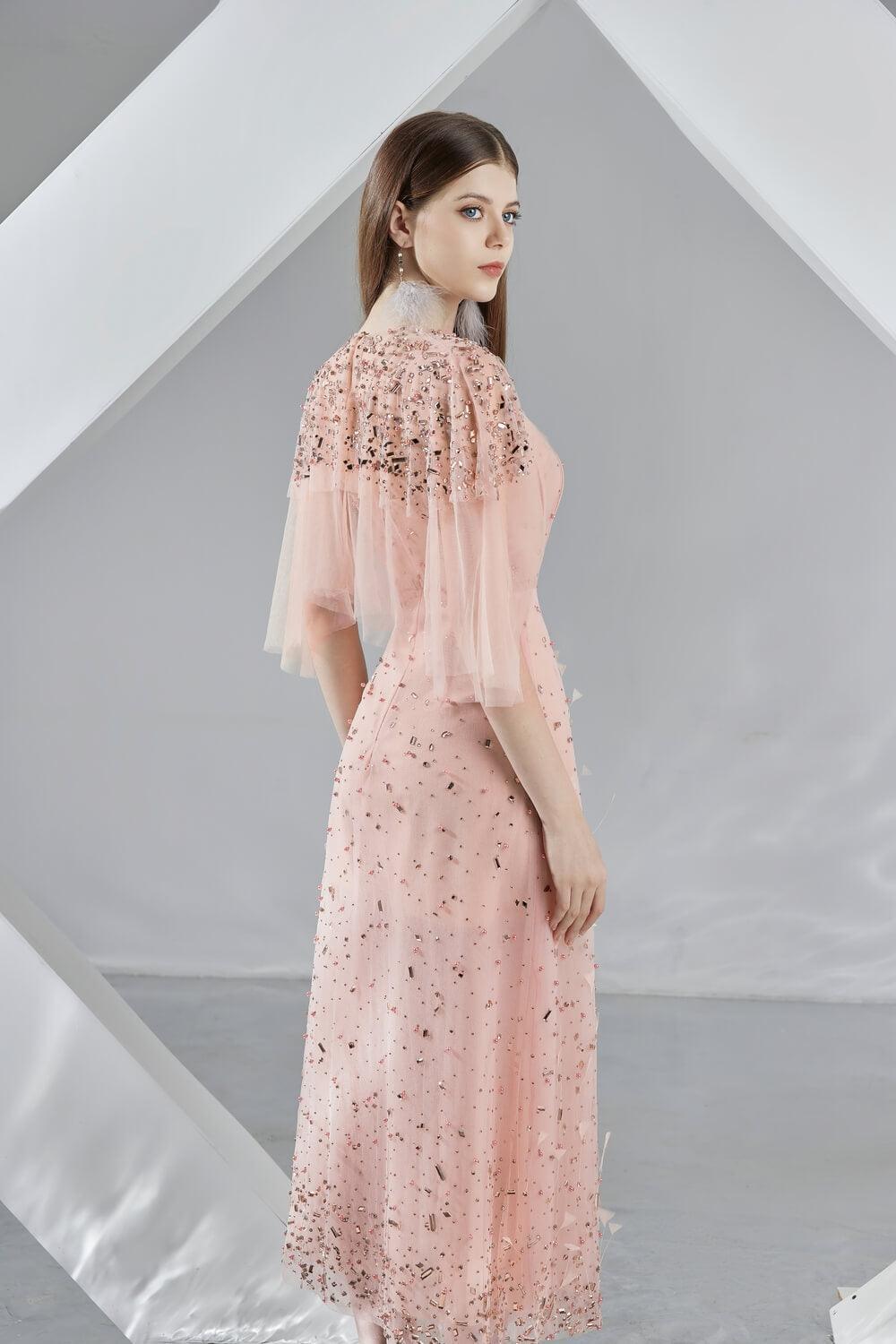 green emerald velvet dress Women's Mariam A-Line Flare Sleeved Organza Midi Dress S/M/L/Xl Pink Mean Blvd Xs / Pink