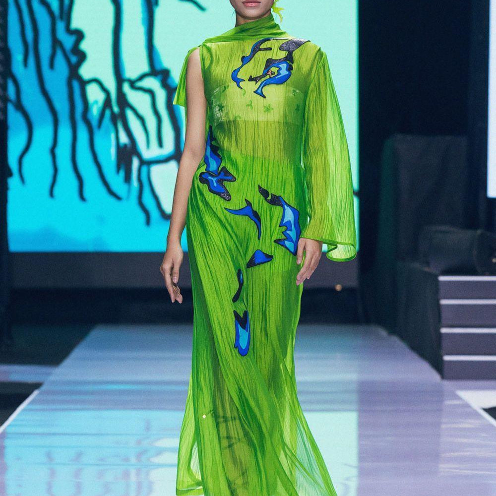 Marigold Straight Asymmetric Sleeved Organza Crepe Floor Length Ao Dai - MEAN BLVD