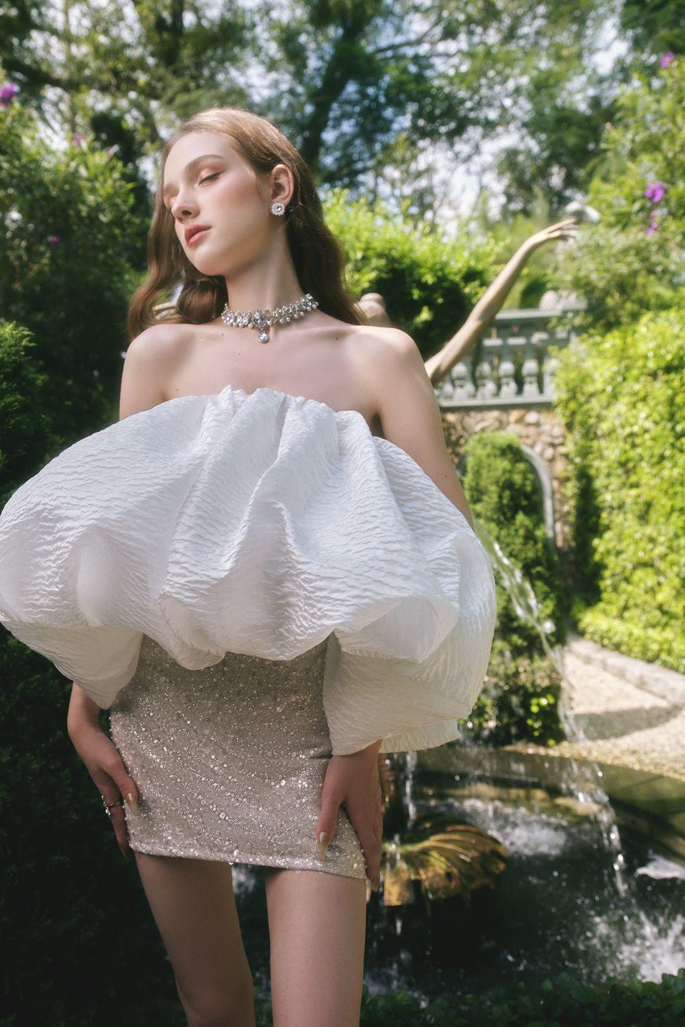 Marilyn Strapless Straight Across Neck Brocade Mini Dress - MEAN BLVD