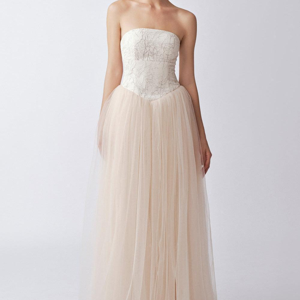 Maris Gathered Straight Across Neck Cotton Mesh Floor Length Dress - MEAN BLVD