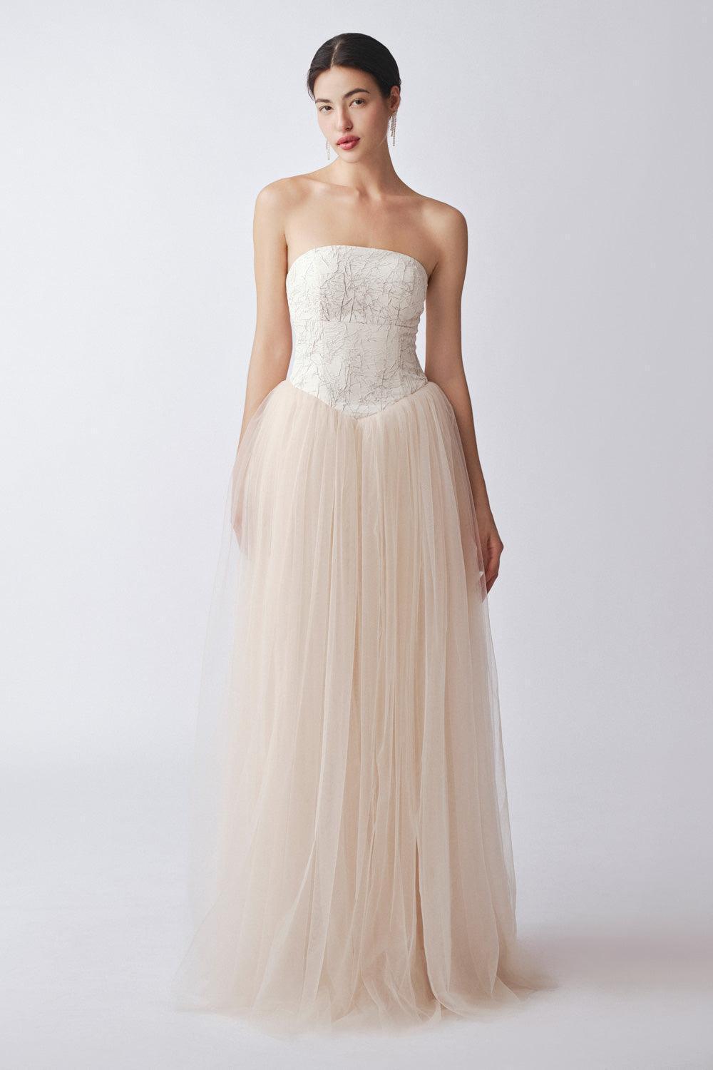 Maris Gathered Straight Across Neck Cotton Mesh Floor Length Dress - MEAN BLVD