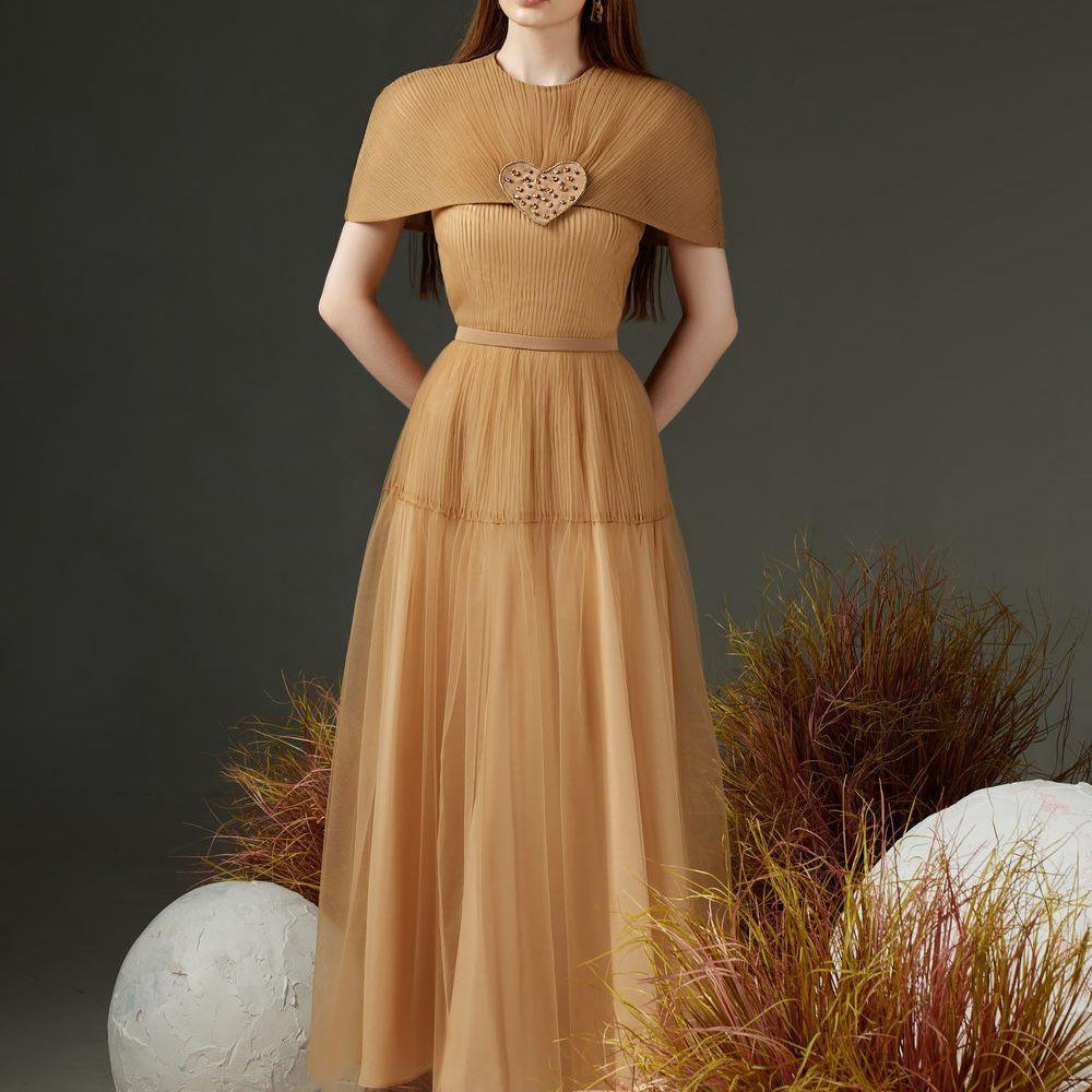 Mason Pleated Cape Sleeved Mesh Sheer Ankle Length Dress - MEAN BLVD