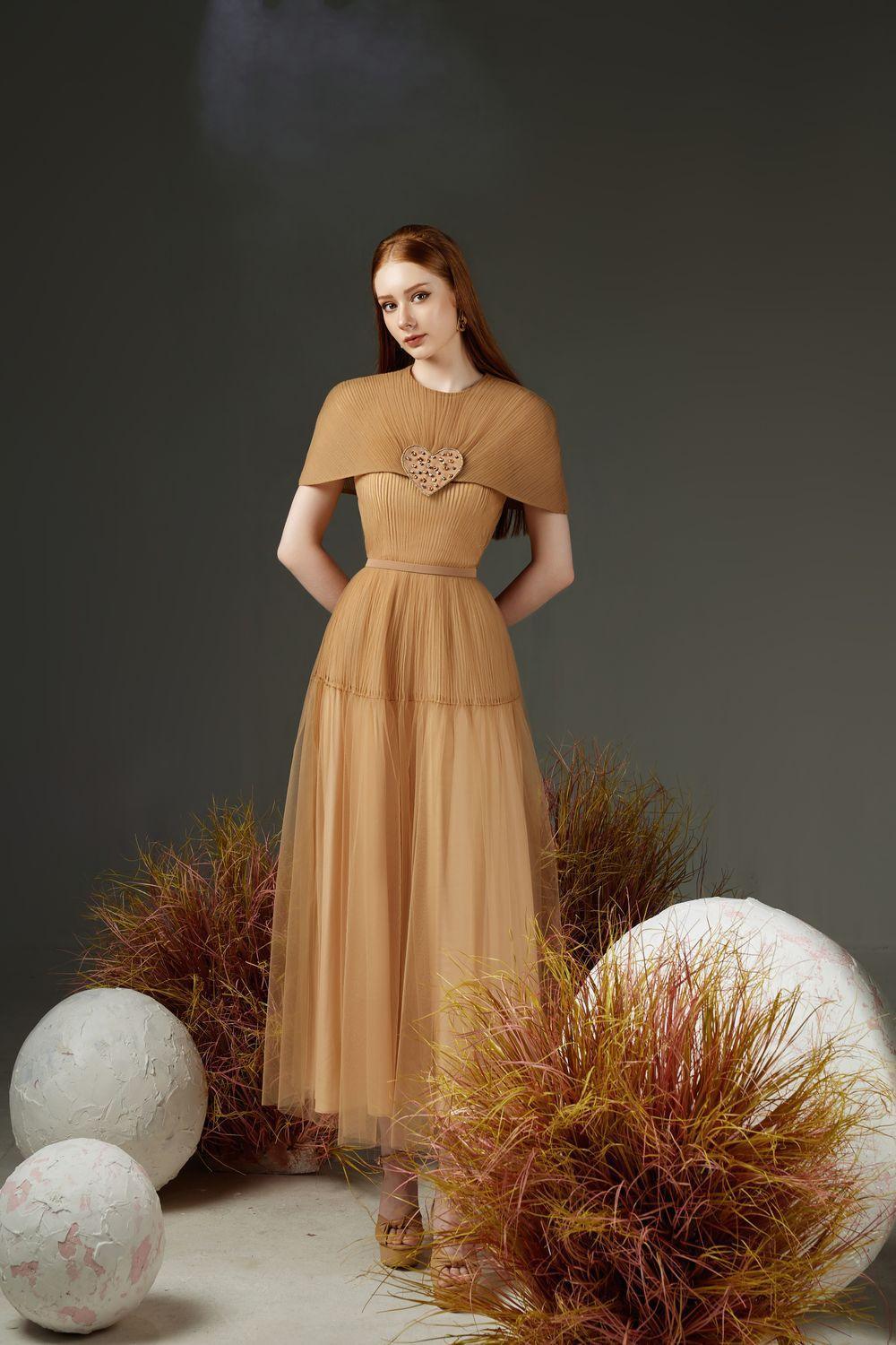 Mason Pleated Cape Sleeved Mesh Sheer Ankle Length Dress - MEAN BLVD
