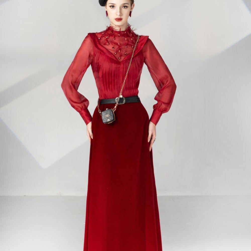 Megan A-line Bishop Sleeved Velvet Ankle Length Set - MEAN BLVD