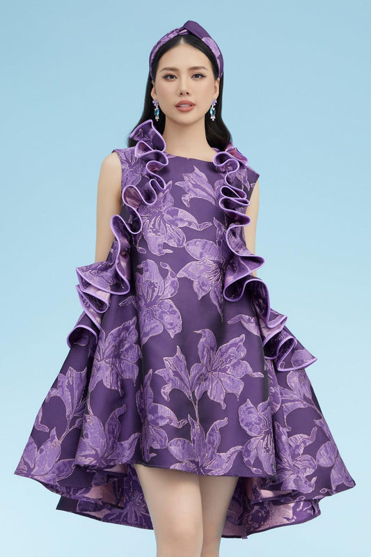 Mekhi Tent Ruffle Trim Brocade Knee-length Dress - MEAN BLVD