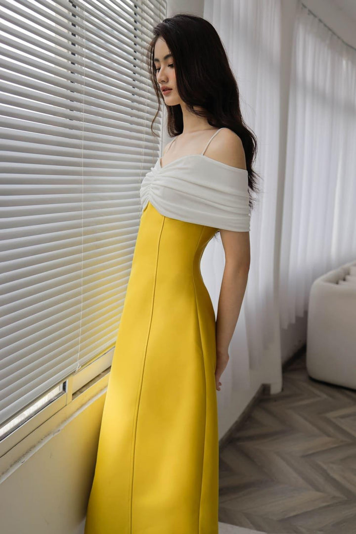 Melia A-line Open Shoulder Taffeta Midi Dress - MEAN BLVD