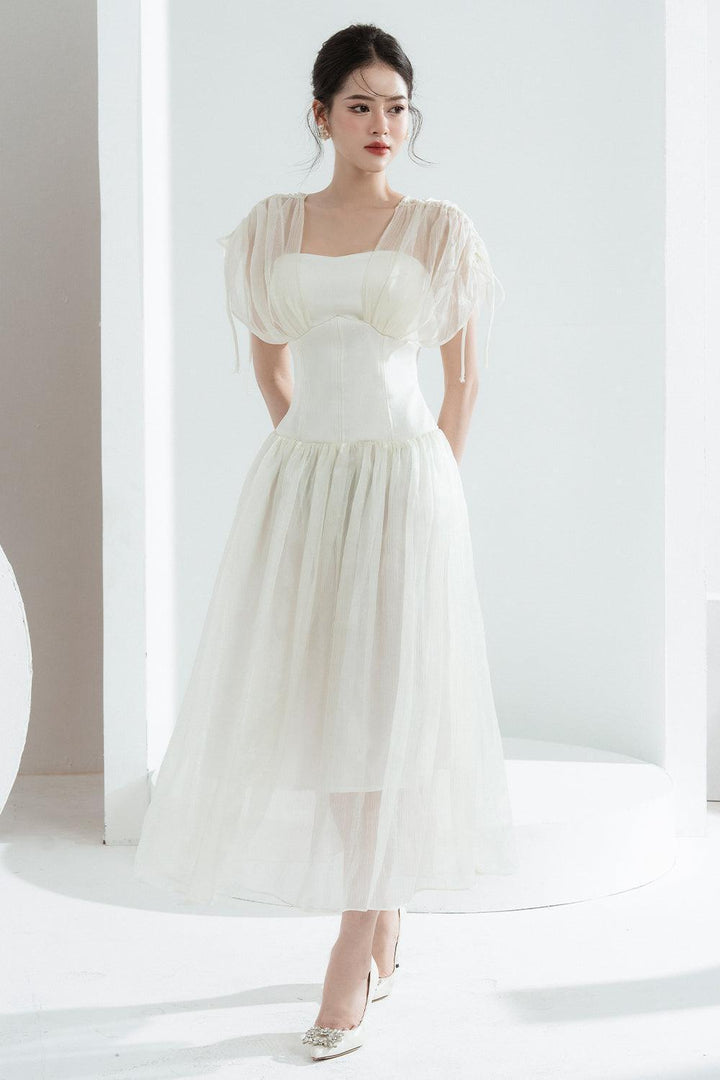 Women's Melya A-line Corset Waist Chiffon Midi Dress S/M/L Black