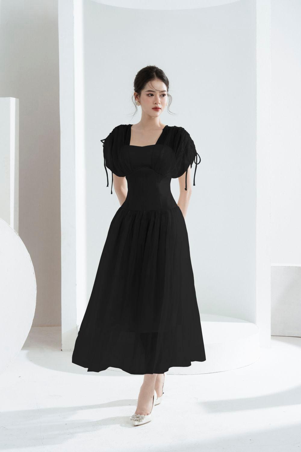 Women's Melya A-Line Corset Waist Chiffon Midi Dress S/M/L Black/White/Pink Mean Blvd S / Black