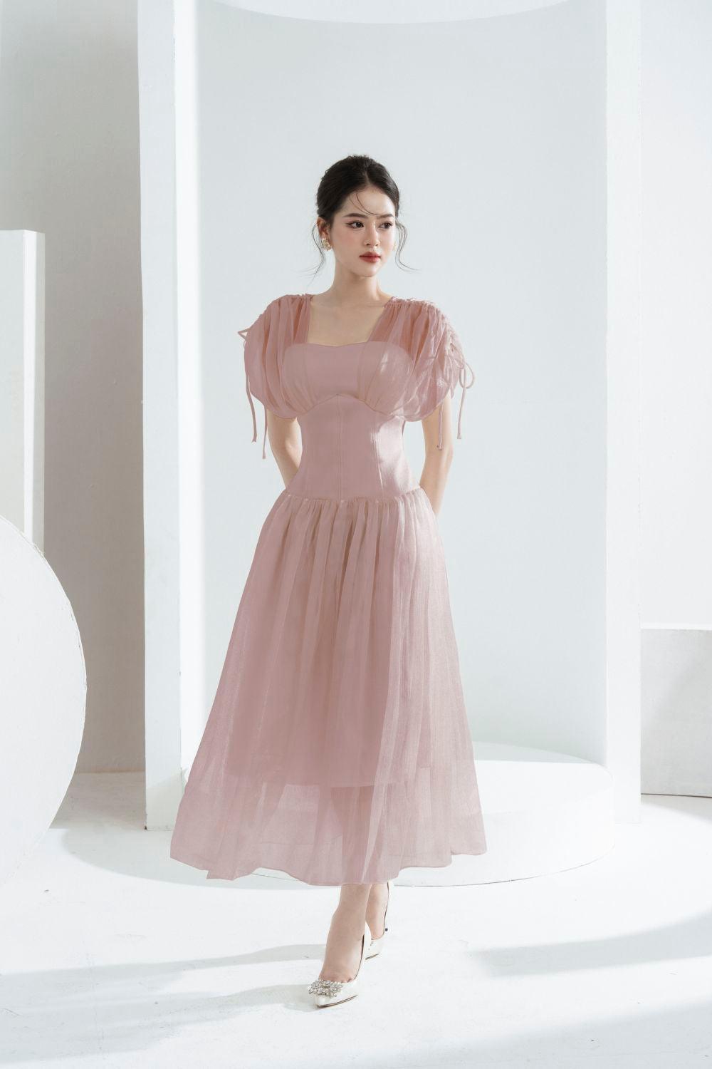Women's Melya A-Line Corset Waist Chiffon Midi Dress S/M/L Black/White/Pink Mean Blvd S / Pink