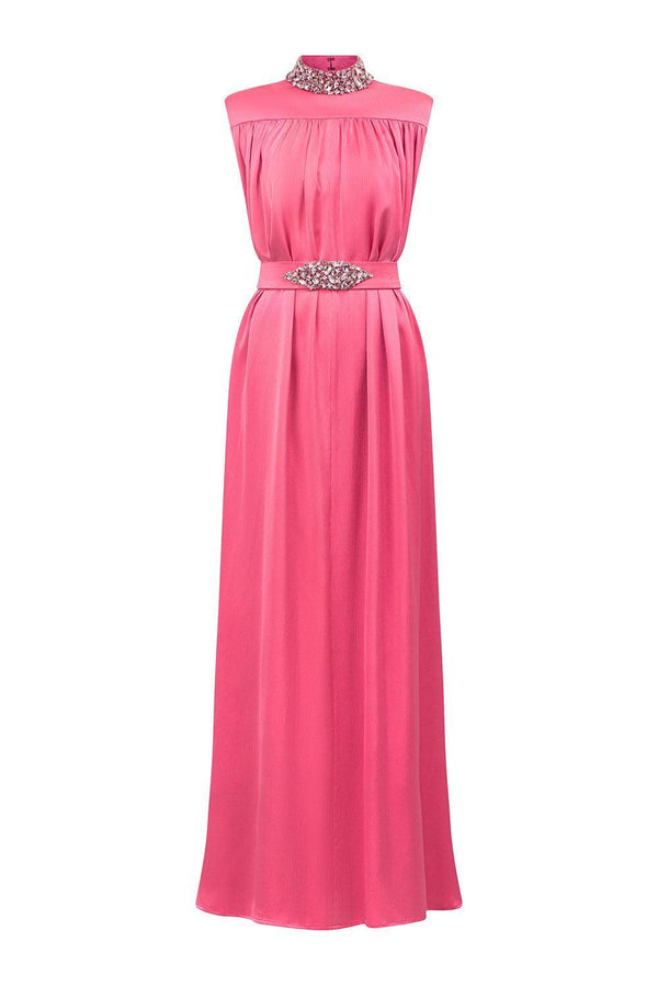 Mendoza Pleated High Neck Poly Silk Floor Length Dress - MEAN BLVD