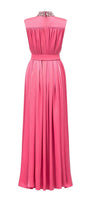 Mendoza Pleated High Neck Poly Silk Floor Length Dress - MEAN BLVD