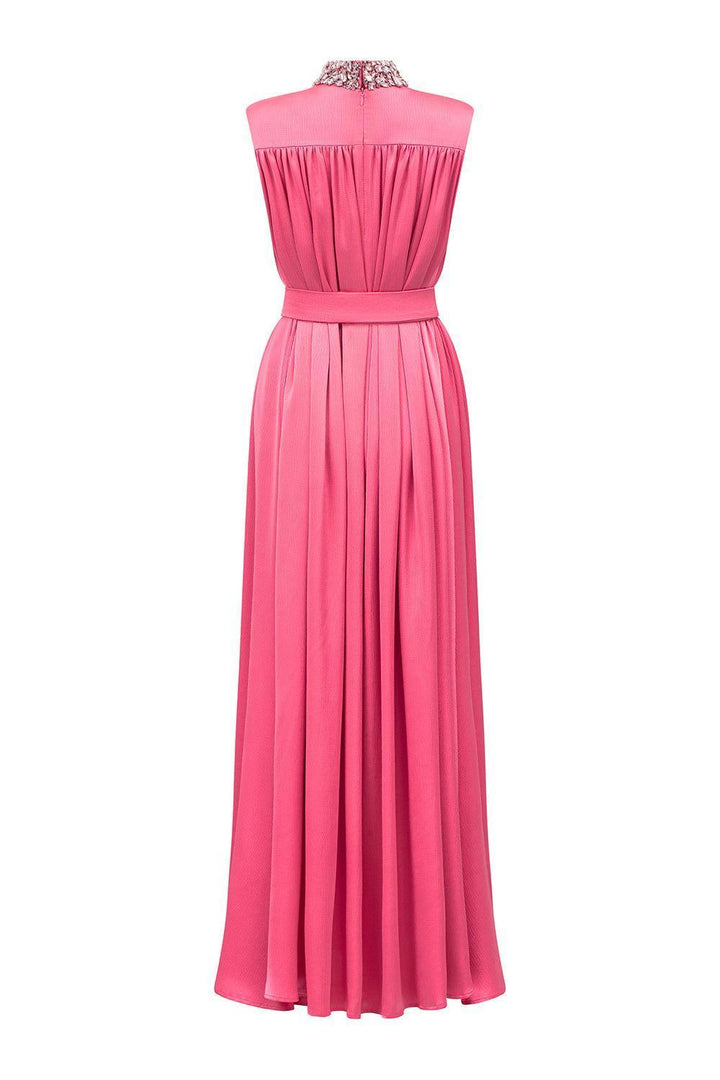 Mendoza Pleated High Neck Poly Silk Floor Length Dress - MEAN BLVD