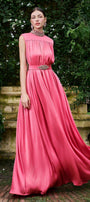 Mendoza Pleated High Neck Poly Silk Floor Length Dress - MEAN BLVD
