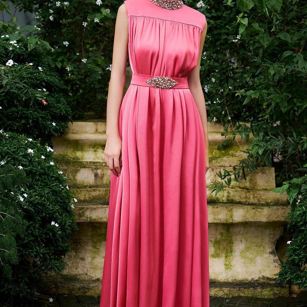 Mendoza Pleated High Neck Poly Silk Floor Length Dress - MEAN BLVD